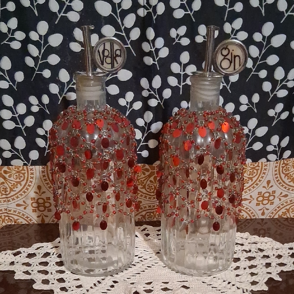 Vintage Liqour Bottles With Beaded Lattice